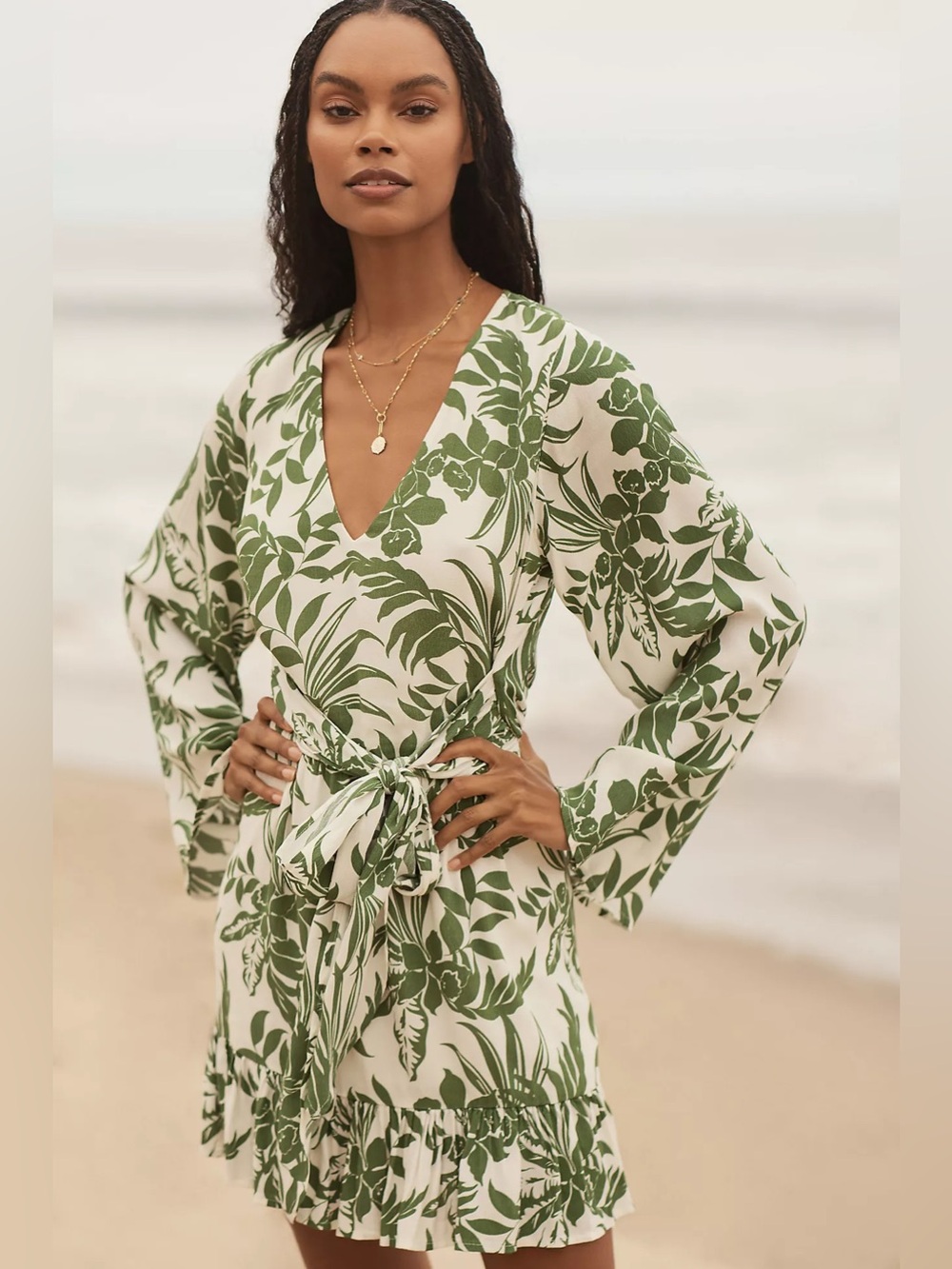 LSPACE Geneva VNeck Mini Dress Green White Cream Tropical Cover Up Bell Slv XS 2
